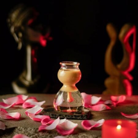 Shot Glass with slippery nipple cocktail inside and roses red background