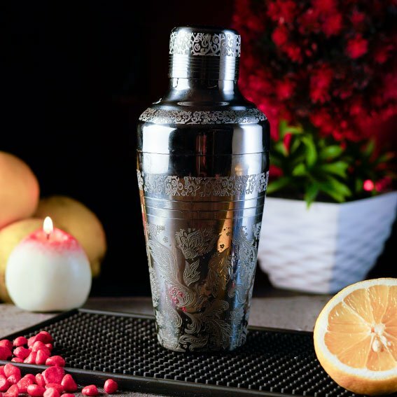 Engraved Flowery and blossomy shaker for mixing cocktails and making tasty tropical and exotic drinks