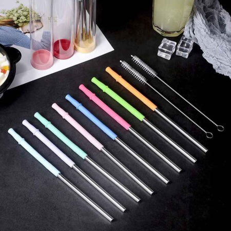 Stainless Steel Silica Gel Colored straws with brushes and storage bag