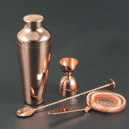 French Parisian Shaker with a Cocktail Jigger and Strainer and Bar Spoon all copper plated