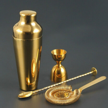 French Parisian Shaker with a Cocktail Jigger and Strainer and Bar Spoon all gold plated