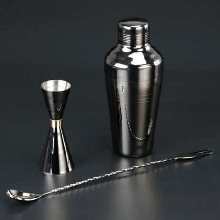 Essential black plated Three Piece bartending set for starting to make cocktails