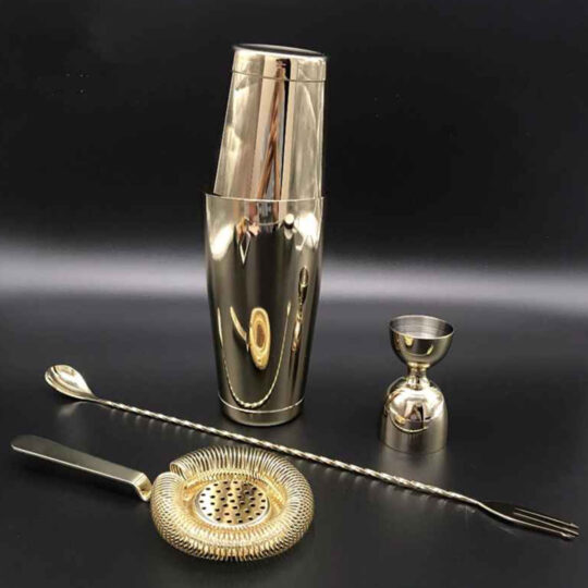 Gold Bartending Jigger, Gold Strainer, Gold Bar Spoon & Gold Cocktail Shaker