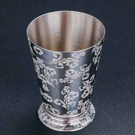 Engraved stainless steel metal mug for drinking beer iced coffee and cocktails