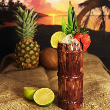 The Wooden Barrel Tiki Mug for drinking beer wine and fun and exotic alcoholic beverages and fancy juicy cocktails