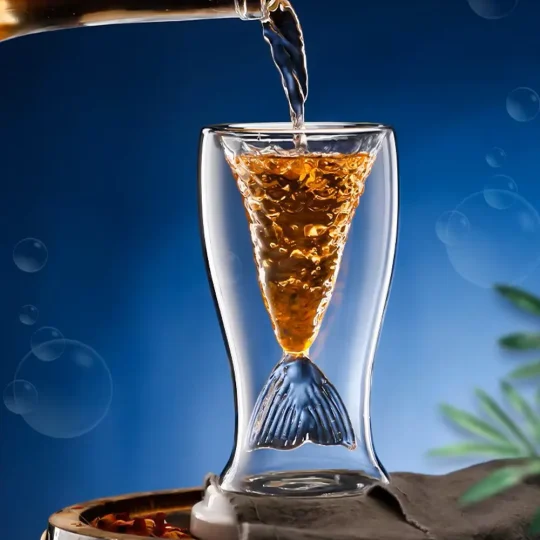 Mermaid’s Tail Glass with amber drink being poured, perfect for themed parties and elegant occasions