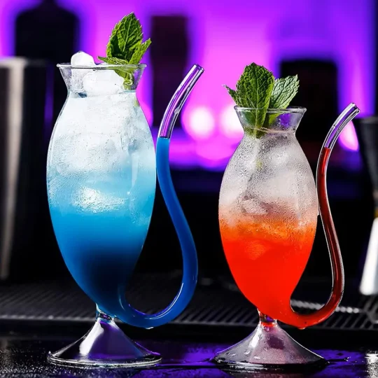 Tropical Snake Tail Glasses in Stemmed Long and Stemmed Short variations with vibrant cocktails.