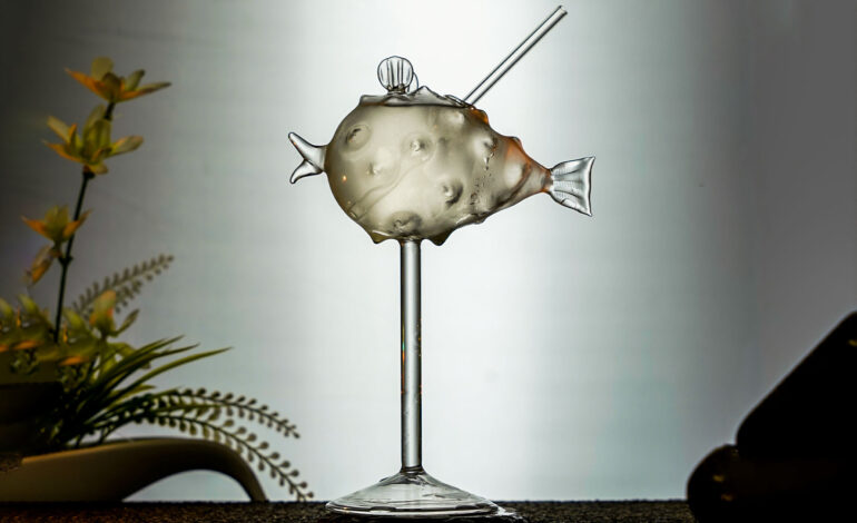 Apple Martini inside a porcupine fish cocktail glass