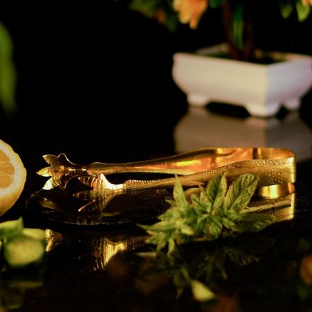 Golden Color Ice and Garnish Tweezer around a dark background with mint next to it