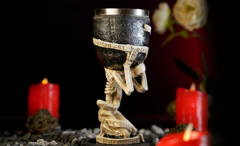 Ceramic Mug design of a Skeleton Holding a keg on his head