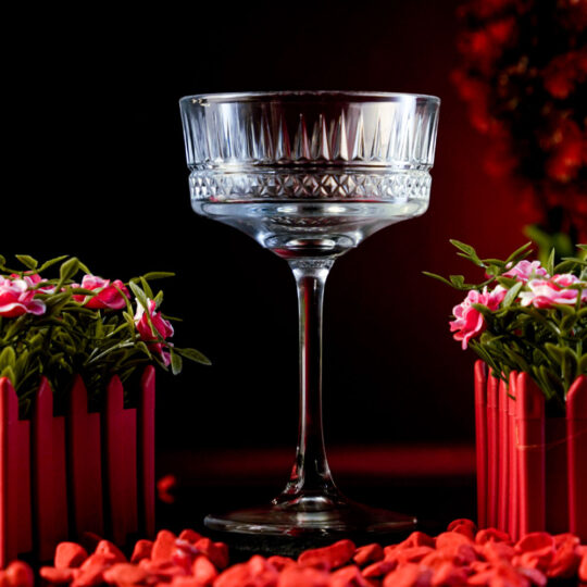 Carved Martini Cocktail Glass around a red background
