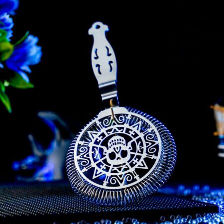 Stainless Steel Hawthorne Strainer featuring a Skull and Watch Design