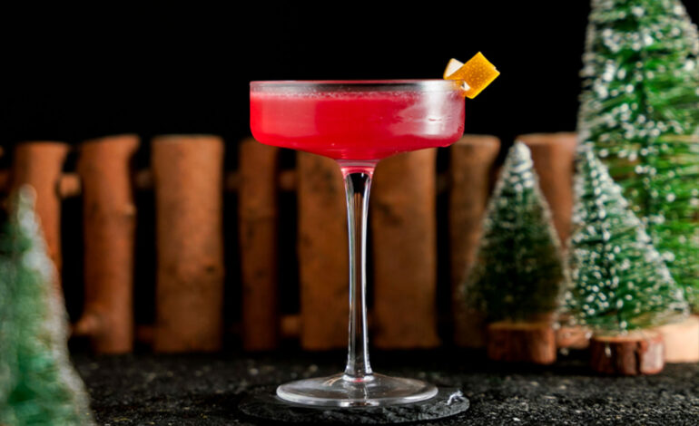 Red Cocktail inside a circle coupe glass around Christmas trees