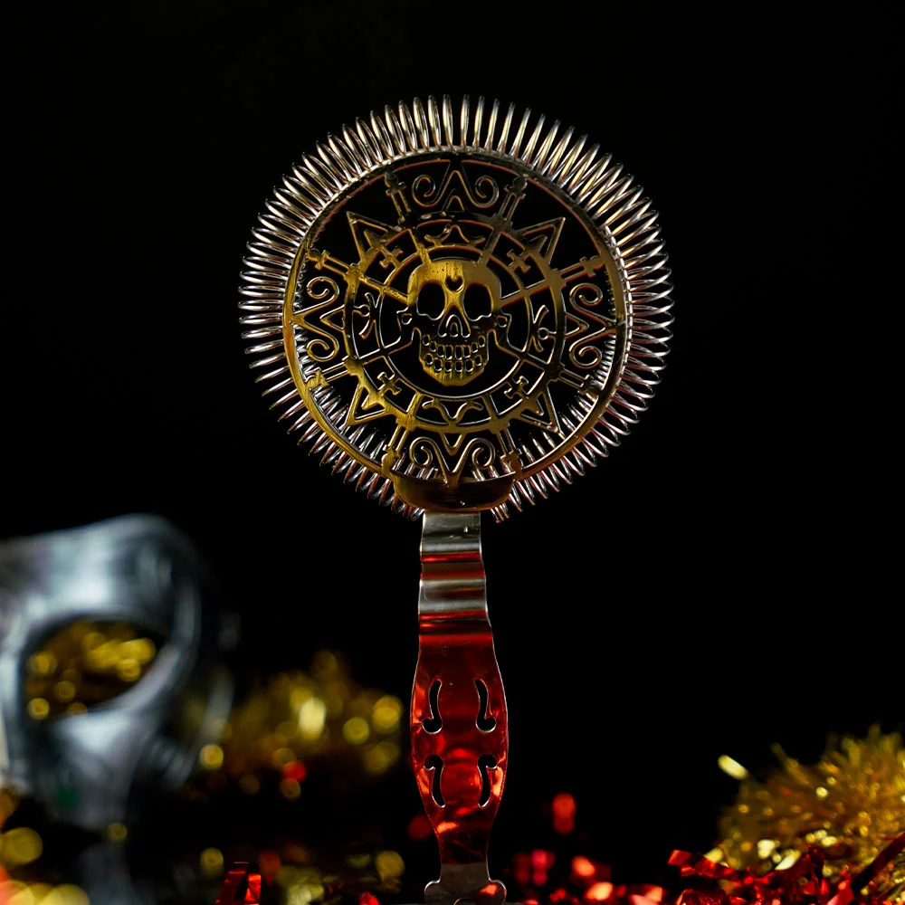 Stainless Steel Hawthorne Strainer featuring a Skull and Watch Design