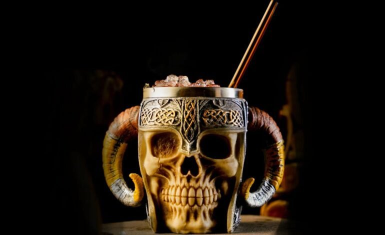 Large Tiki Cocktail Mug in the Shape of a Viking Skeleton with Horns