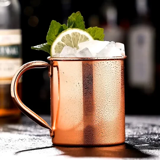 Copper-plated stainless steel Moscow Mule mug with condensation, filled with ice, garnished with a lime wedge and mint leaves.