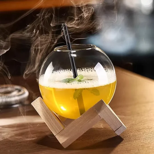 Spherical 480 ml cocktail glass on wooden stand with effervescent yellow drink, black straw, and green garnish