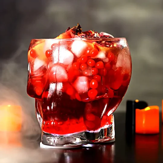 Skull-shaped Grim Reaper Glass filled with a red beverage, ice cubes, and pomegranate seeds, set against a warm, candle-lit background.