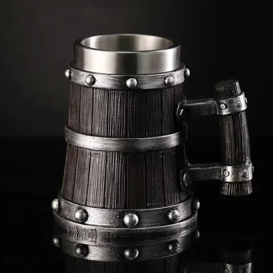 Close-up of the Viking Tankard, highlighting its barrel-shaped design with wood-like staves and metal bands, perfect for medieval-themed gatherings.