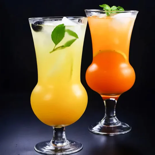 Two 660 ml round belly cocktail glasses filled with colorful beverages, garnished with green leaves and citrus slices, against a dark background.