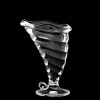 A clear glass sundae cup with a spiral design and wavy rim, standing on a short stem with a circular base and an ornamental loop.